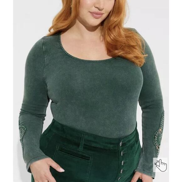 Torrid Plus Size 3 Green Cotton Modal Rib Scoop Neck Crochet Long Sleeve Top - Picture 4 of 9